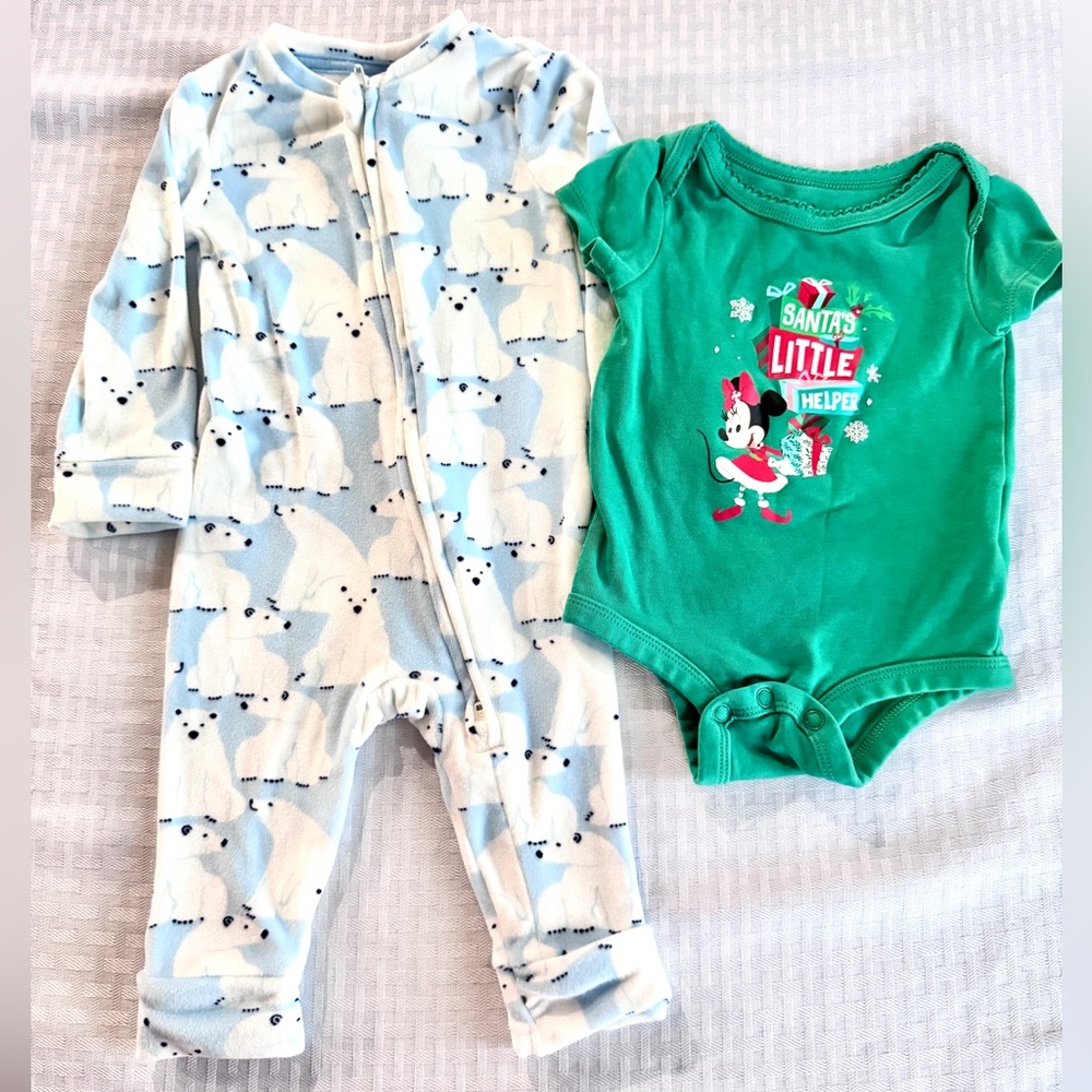 Disney Minnie Mouse Bodysuit Wondershop Polar Bear Fleece Sleeper 3–6M Holiday‎